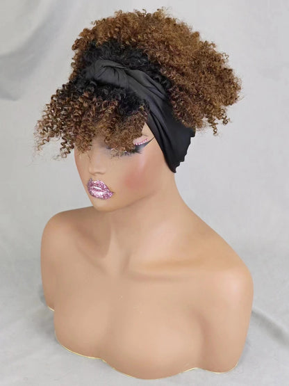200% Density 1BT30 Afro Kinky Curly Scarf Wig with Bangs Machine Made Wig Curly 100% Human Hair Wig Preplucked for Black Women