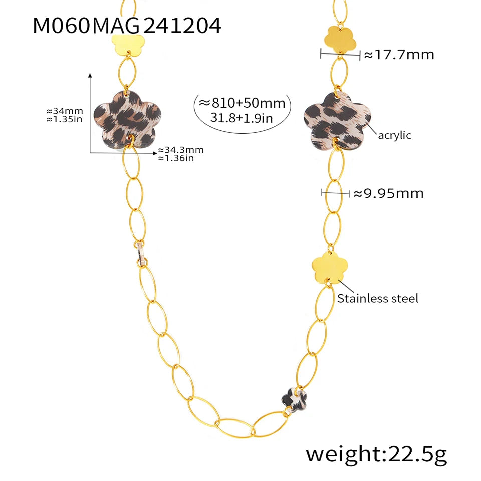 Stainless Steel Long Necklace For Women 18k Gold Plated Women's Sweater Chain Necklaces Woman Leopard Print Jewelry Accessories