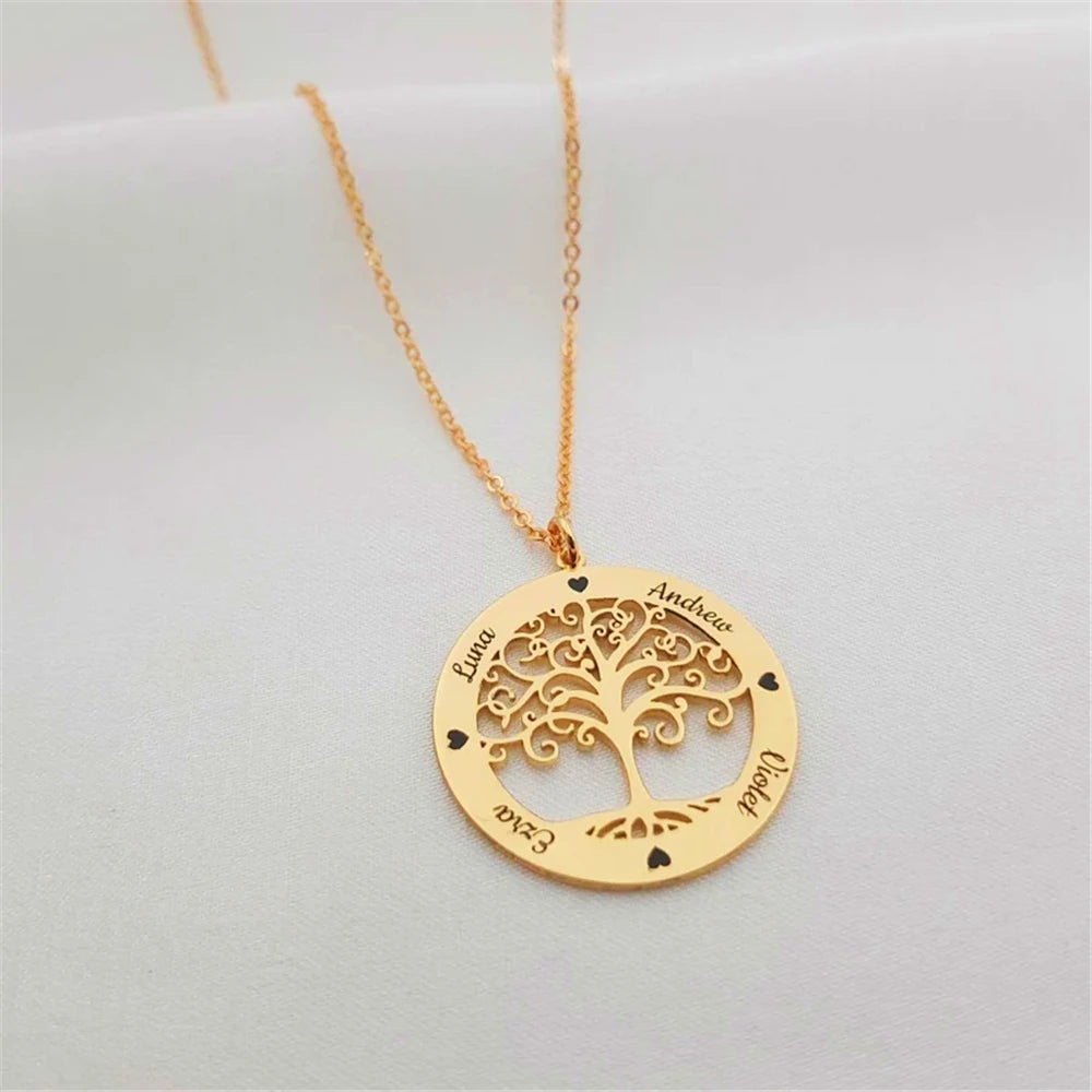 Custom Family Names Necklace Stainless Steel Personalized Name Pendant Tree Of Life 1-5 Names Birthstone For Women Birthday Gift