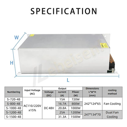 DC48V 720W 800W 1000W 1200W 1500W High Wwitching Power Supply Aluminum Case Fan 110V 220V AC to DC 48V Transformer Converter