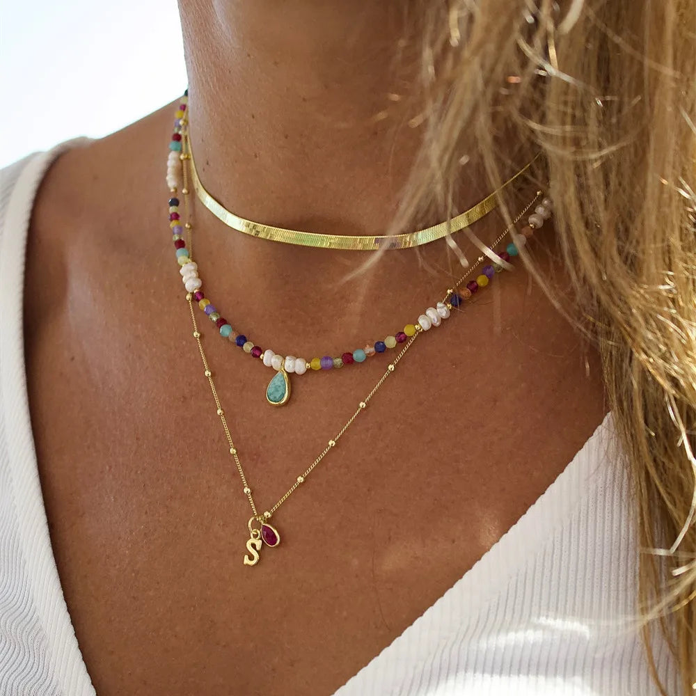 Summer Fashion Multilayer Handmade Mixed Chain For Woman Bohemian Necklaces Water Droplet Crystal Pendant Jewelry Gift 2023 New