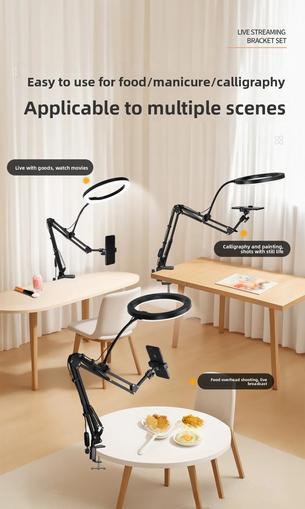 Phone Live Streaming Stand Desktop Multifunctional Overhead Shooting  Floor Tripod with Fill Light for Selfie and Video Shooting