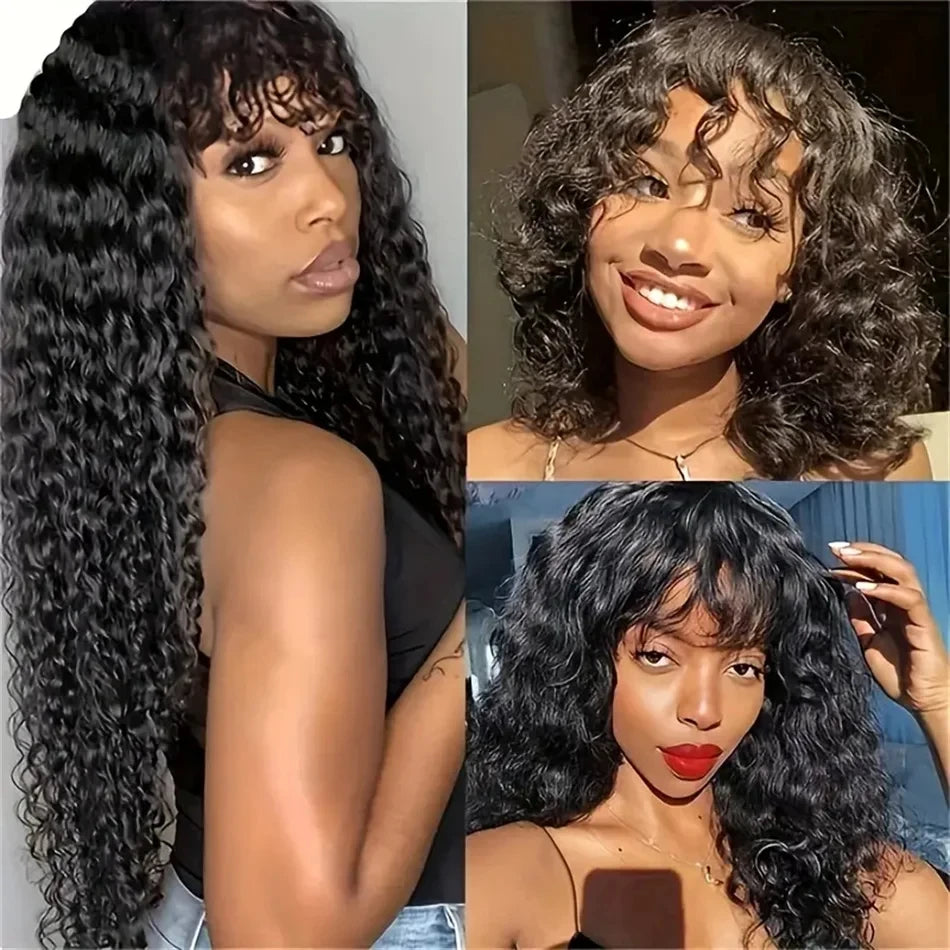Perruques ondulées en cheveux humains avec frange pour femmes, entièrement fabriquées à la machine, 45 à 81 cm, perruque bouclée profonde, cheveux Remy, couleur naturelle