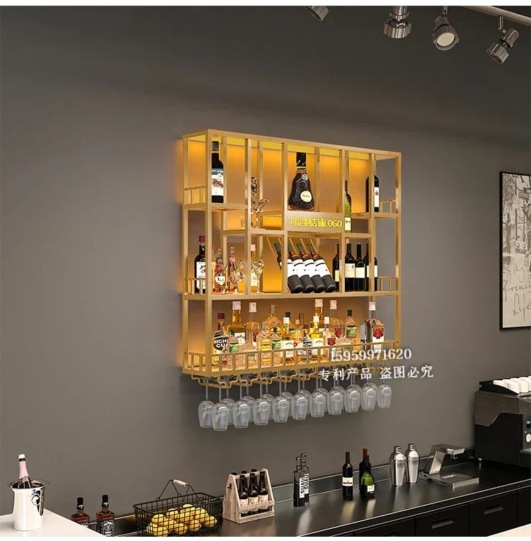 Customized: bar counter wine cabinet against the wall, hanging shelves, industrial style bar, wrought iron display stand,