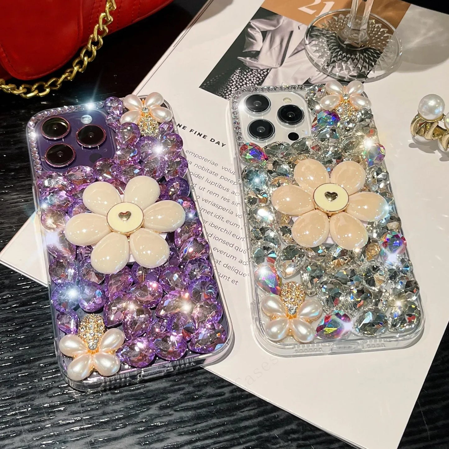 Sparkling Flower Pearl Water Diamond Phone Case Suitable For iPhone 15 14 13 12 11 Pro Max XR XS X 7 8 Plus Set