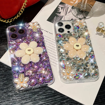 Sparkling Flower Pearl Water Diamond Phone Case Suitable For iPhone 15 14 13 12 11 Pro Max XR XS X 7 8 Plus Set