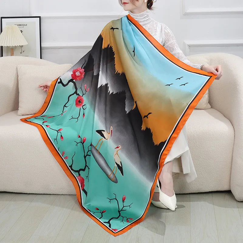 ELAIFRUIHAO Foulard en soie florale pour femme, hijab, bandana imprimé, grand format, carré, 110 cm, en satin
