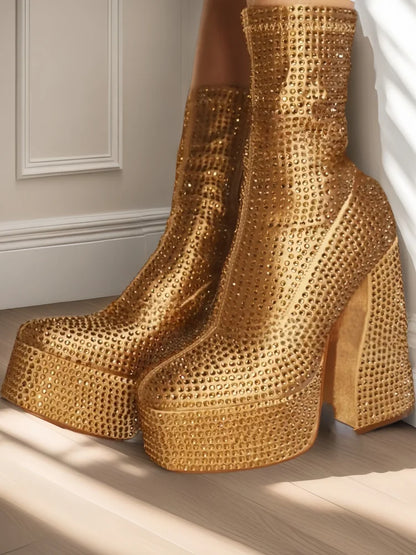 2024 Silver High Heel Chelsea Boots – Women's Platform Ankle Boots Square Toe with Diamond Decor, Chunky Heel Short Boots