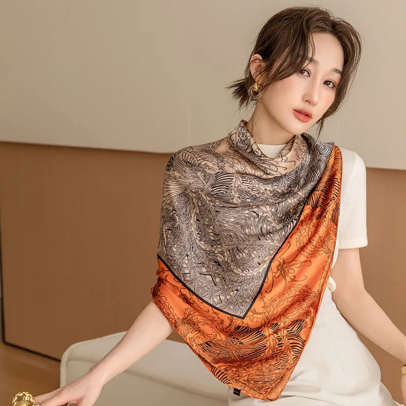 ELAIFRUIHAO Foulard en soie florale pour femme, hijab, bandana imprimé, grand format, carré, 110 cm, en satin