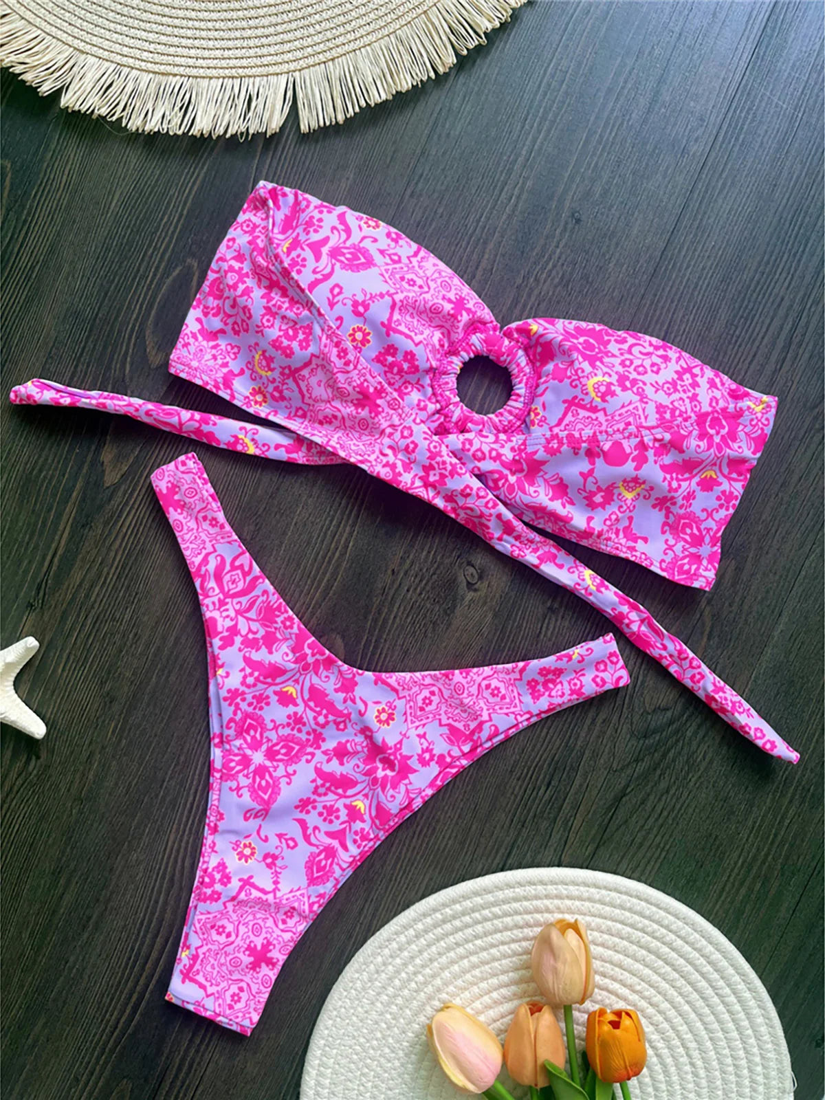 Sexy Colorful Floral Printed Bandeau Bikini Female Swimsuit Women Swimwear Two-pieces Bikini set Bather Bathing Suit Swim K6137