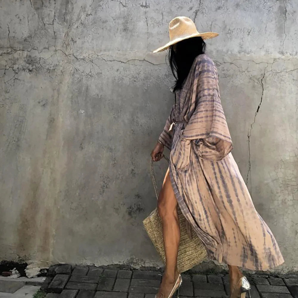 2023 Women Swimsuit Pareo Beachwear Boho Striped Print with Belt Short Sleeve Tunic Cardigan Summer Sexy Kimono Bikini Cover Up
