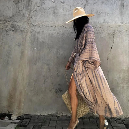 2023 Women Swimsuit Pareo Beachwear Boho Striped Print with Belt Short Sleeve Tunic Cardigan Summer Sexy Kimono Bikini Cover Up