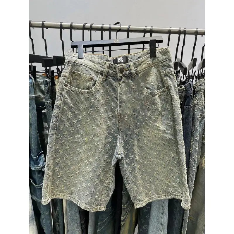 Ccowboy Shorts Men's Summer Workwear Pants Loose Straight Leg Mid Length Pants Elastic Waist American High Street Trendy Shorts