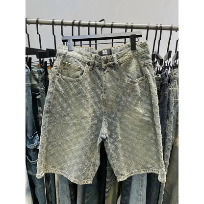 Ccowboy Shorts Men's Summer Workwear Pants Loose Straight Leg Mid Length Pants Elastic Waist American High Street Trendy Shorts
