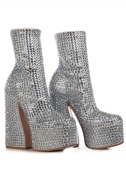 2024 Silver High Heel Chelsea Boots – Women's Platform Ankle Boots Square Toe with Diamond Decor, Chunky Heel Short Boots