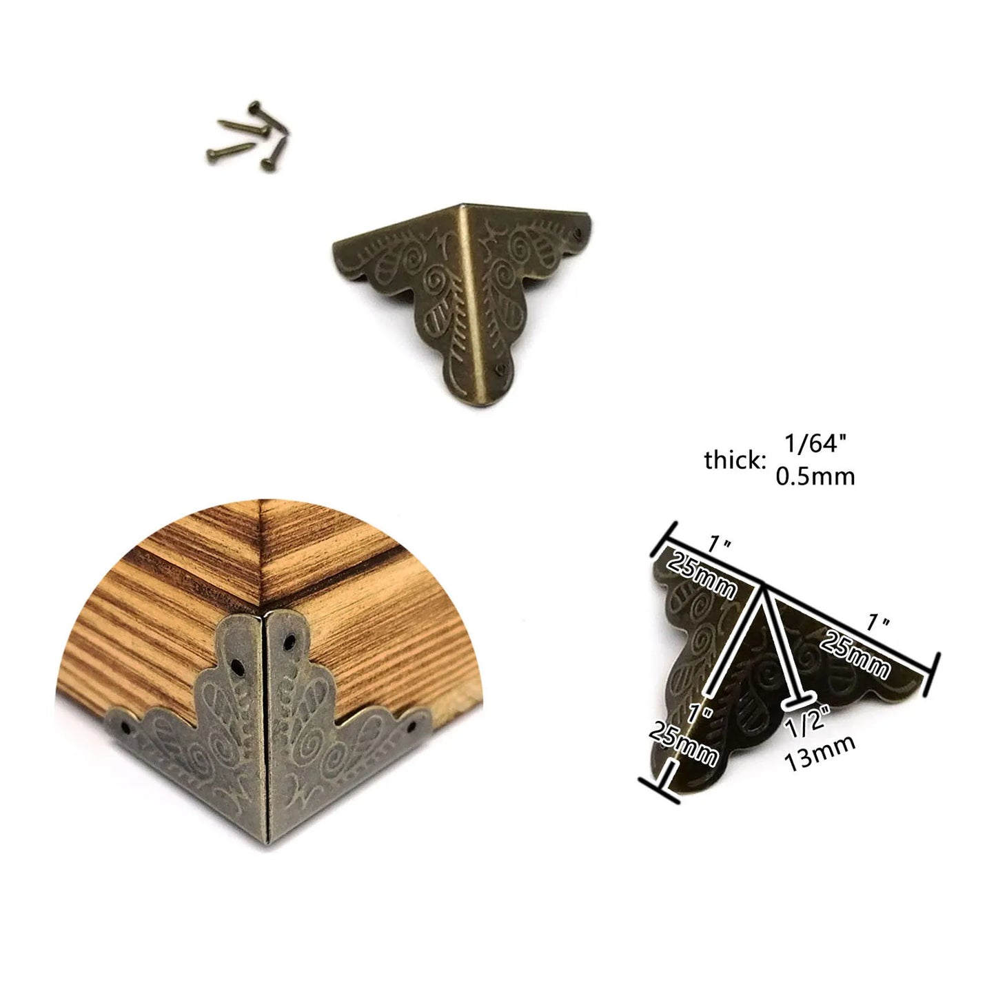 12pcs Decorative Antique Brass Bronze Golden Silver Jewelry Chest Wine Gift Box Wood Case Corner Protector Cover Guard with Nail