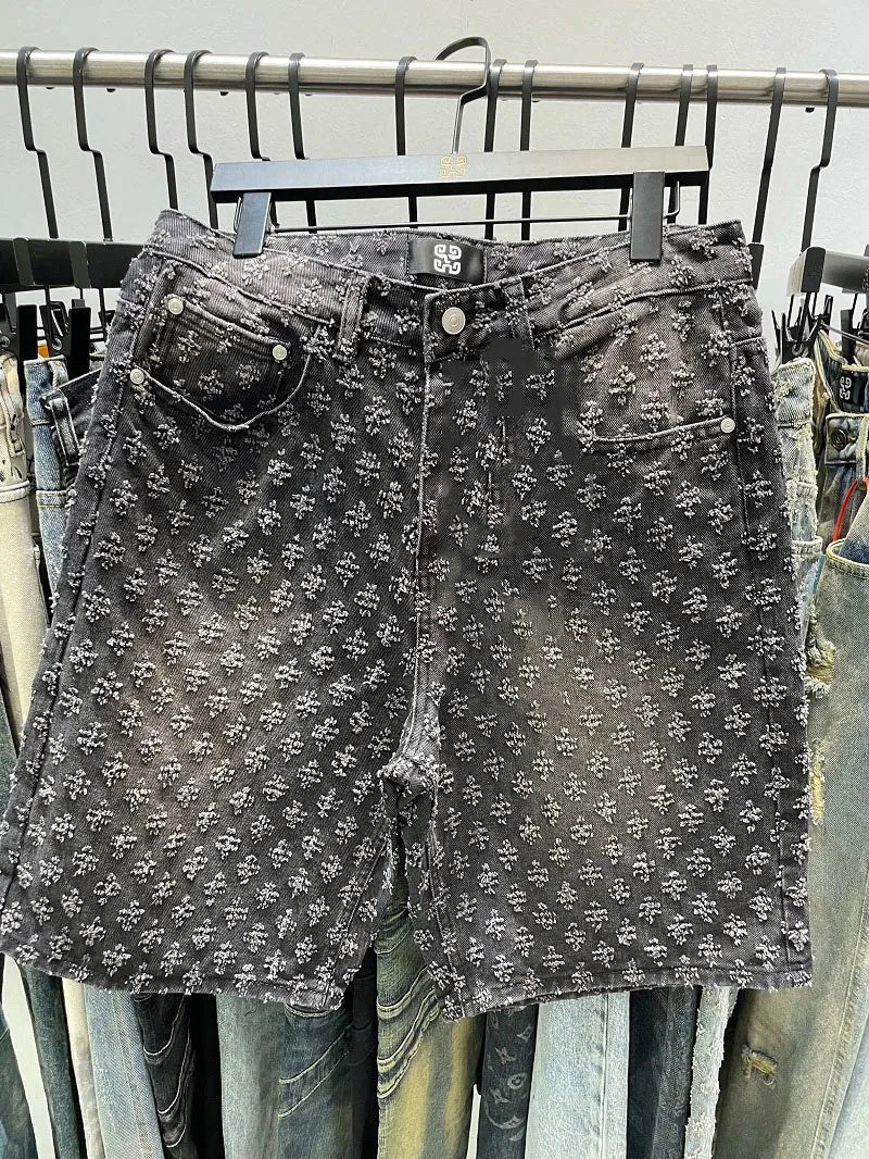 Ccowboy Shorts Men's Summer Workwear Pants Loose Straight Leg Mid Length Pants Elastic Waist American High Street Trendy Shorts