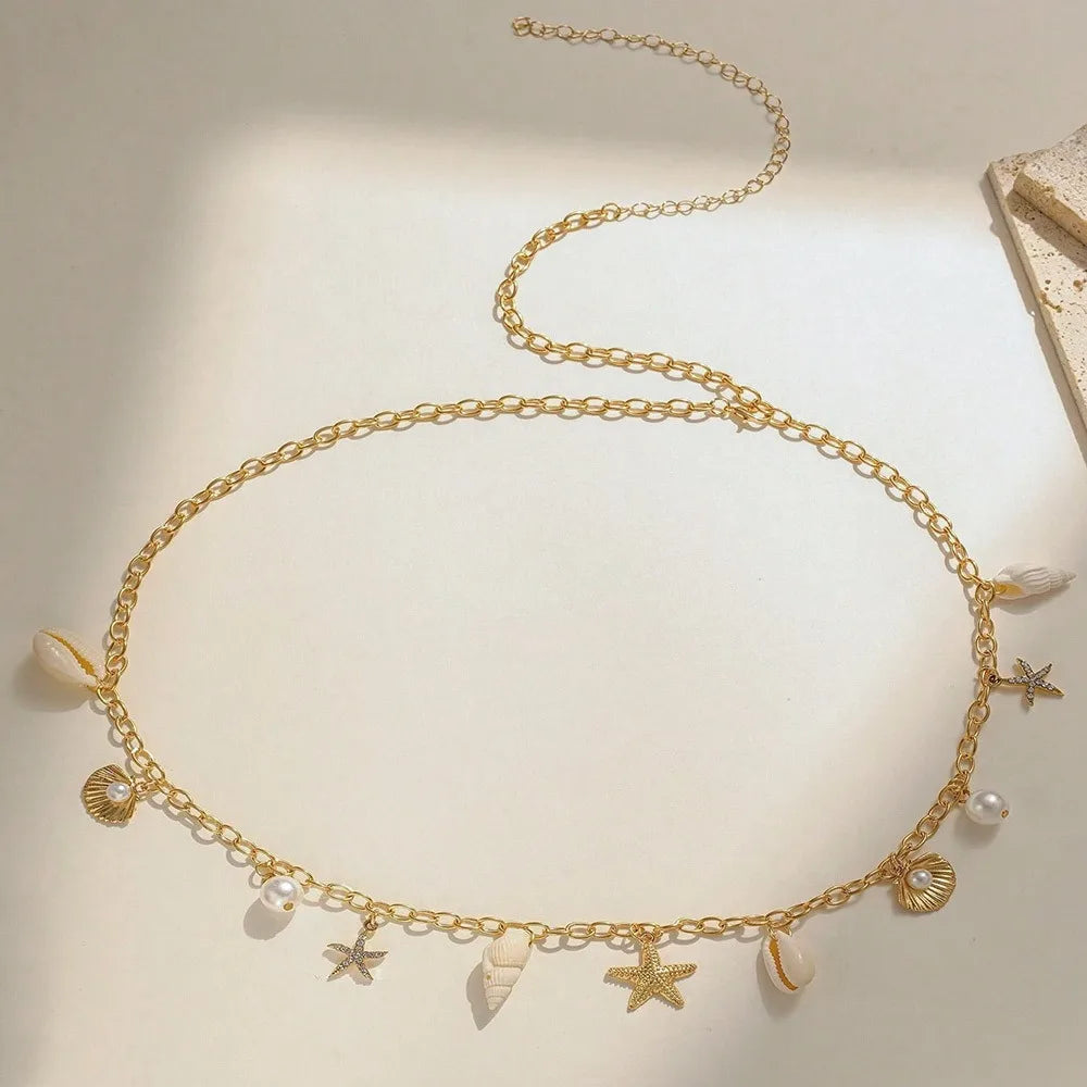 Chaîne de taille bohème d'été, pendentif en forme d'étoile de mer, coquillage, lien de taille ajouré, chaîne de corps pour bikini de plage pour femmes