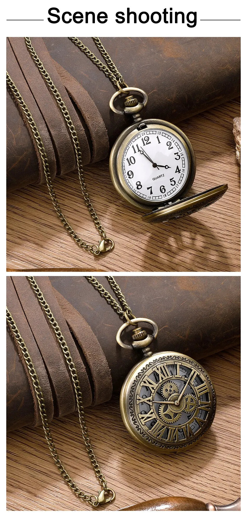 Antique Steampunk Vintage Roman Numerals Quartz Pocket Watch Bronze Case Necklace Pendant Clock Chain Mens Women