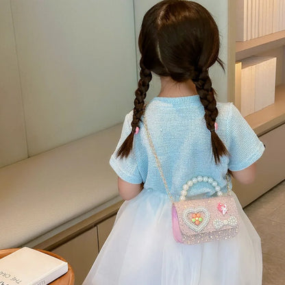 2024 Korean Style Pearl Kid's Handbag Lace Bow Princess Shoulder Messenger Bag Sequin Zero Wallet Pocket Pack