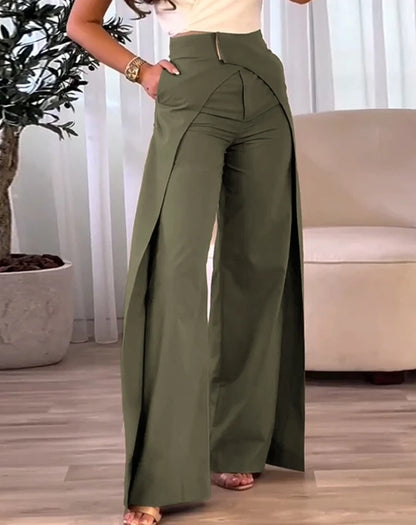 2023 New Fashion Women's Pants Elegant High Waist Overlap Asymmetrical Wide Leg Pants Female Trouser Casual Bottom