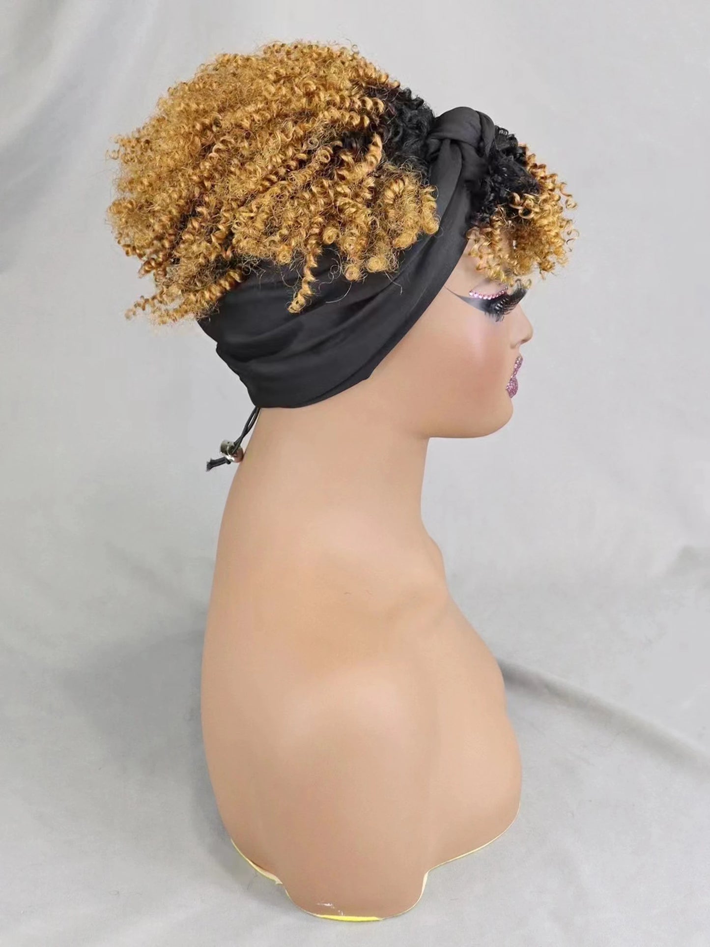 200% Density 1BT30 Afro Kinky Curly Scarf Wig with Bangs Machine Made Wig Curly 100% Human Hair Wig Preplucked for Black Women