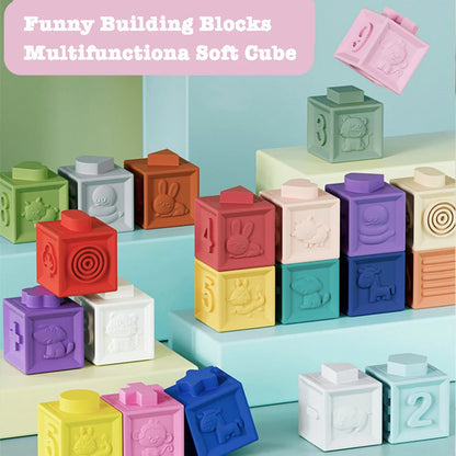 Baby Soft Rubber Cube Puzzle Montessori Toddlers Touch Early Education Squeeze Stacker Relief Gifts Kids Children Bath Toys