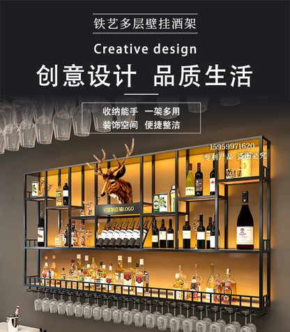 Customized: bar counter wine cabinet against the wall, hanging shelves, industrial style bar, wrought iron display stand,