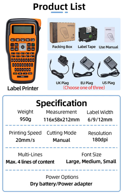 Imprimante portable E1000 Pro, étiqueteuse portable pour travaux d'étiquetage industriel, compatible avec le ruban d'étiquettes Brother TZe-231