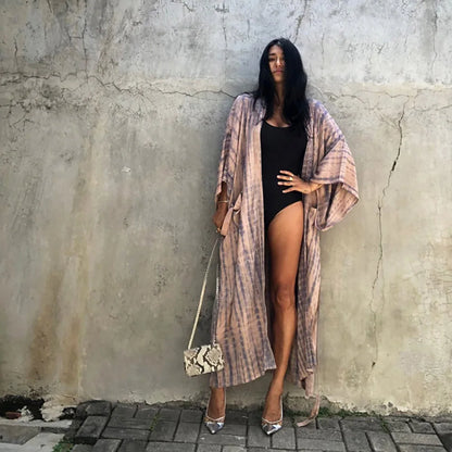 2023 Women Swimsuit Pareo Beachwear Boho Striped Print with Belt Short Sleeve Tunic Cardigan Summer Sexy Kimono Bikini Cover Up