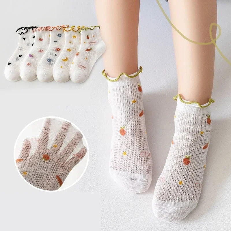 5Pairs/Set Sweet Baby Girl Socks Summer Breathable Mesh Short Sock for Toddler Korean Print Ruffled Cotton Kids Socks
