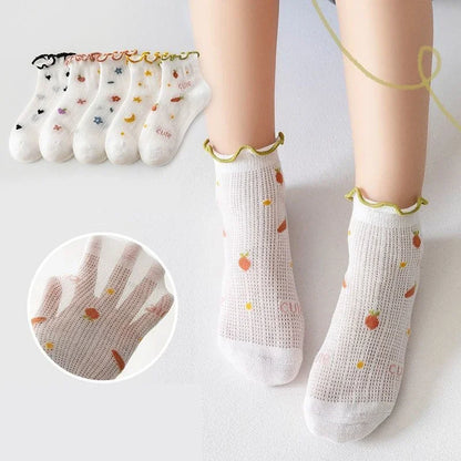 5Pairs/Set Sweet Baby Girl Socks Summer Breathable Mesh Short Sock for Toddler Korean Print Ruffled Cotton Kids Socks