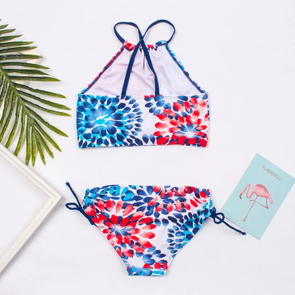 3-14 Years Flower Print Girls Kids Swimwear Summer Children Teen Students Two Pieces Swimsuit Kids Bikini Set Bathing Suit