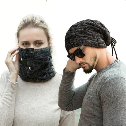 Bonnet tricoté chaud pour homme et femme, bonnet à pompon, bandana, cordon de serrage, écharpe, épais, chaud et doux, tête et cou