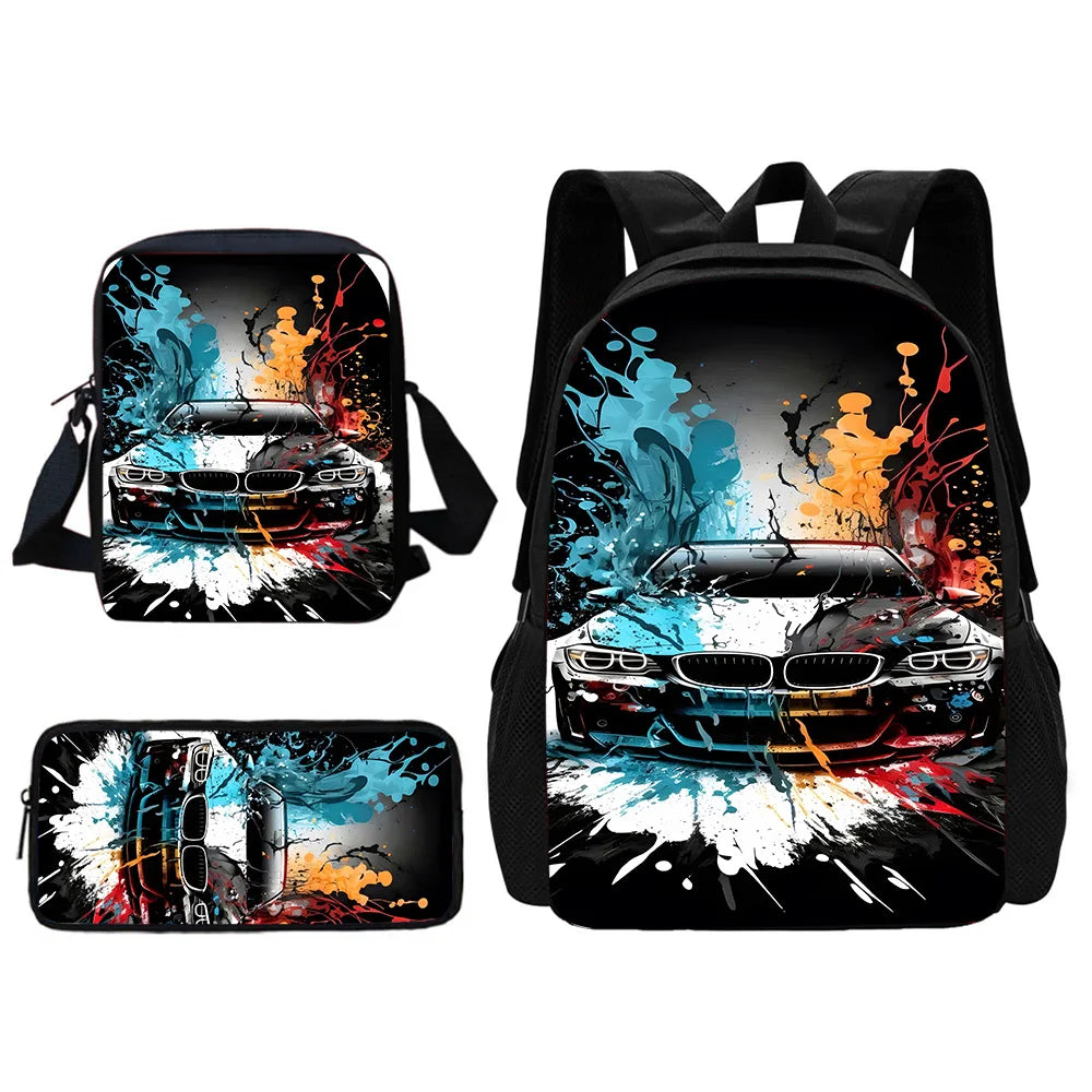 3 pcs set Luxury sports car logo JDMS Child School Backpack With Shoulder Bag Pencil Bags School Bags for Boys Girls Best Gift