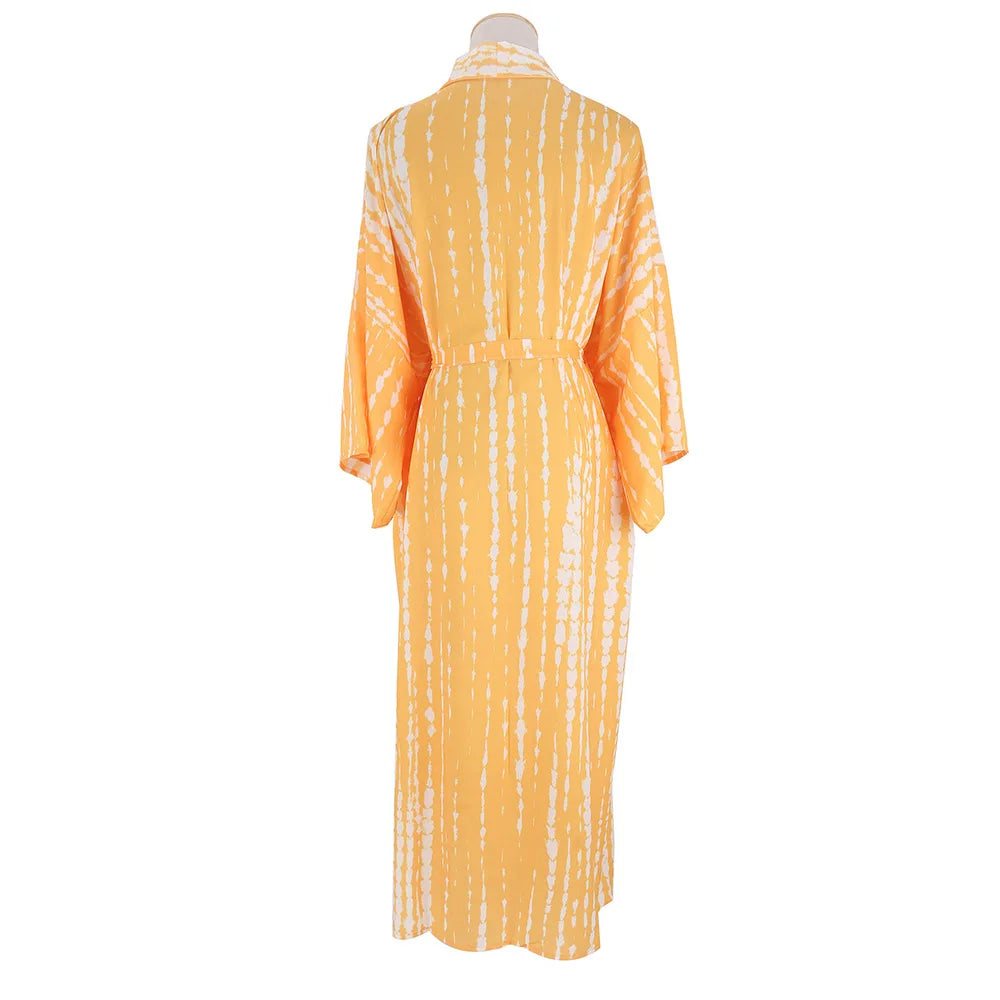 2023 Women Swimsuit Pareo Beachwear Boho Striped Print with Belt Short Sleeve Tunic Cardigan Summer Sexy Kimono Bikini Cover Up