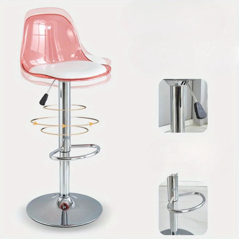 Adjustable Modern Bar Stool with Transparent Backrest Metal Frame Upholstered Seat with Lifting and Rotating Function