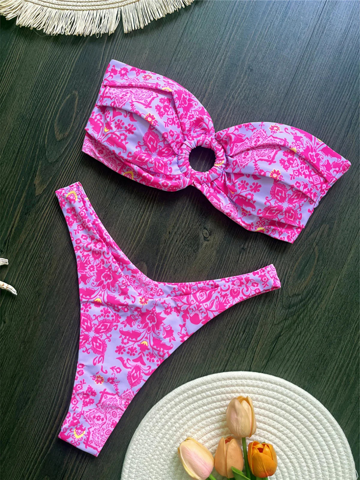 Sexy Colorful Floral Printed Bandeau Bikini Female Swimsuit Women Swimwear Two-pieces Bikini set Bather Bathing Suit Swim K6137
