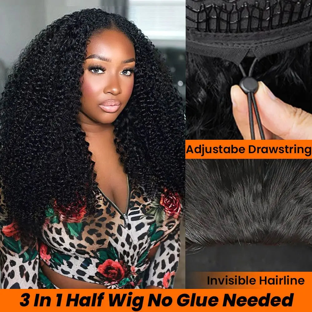 Upgraded 3 IN 1 Half Wig Burmese Messy Curly Flexi-Fit Flip Drawstring Wig Glueless Human Hair Ready to Go Kinky Curly Wig