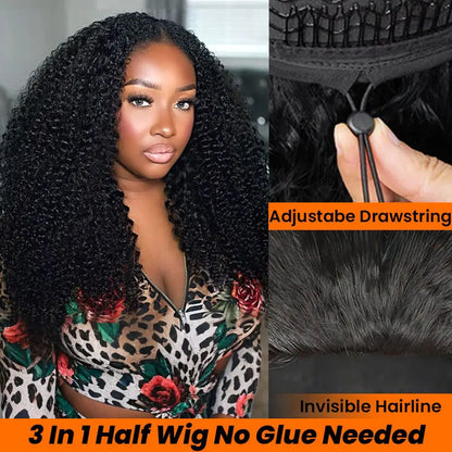 Upgraded 3 IN 1 Half Wig Burmese Messy Curly Flexi-Fit Flip Drawstring Wig Glueless Human Hair Ready to Go Kinky Curly Wig