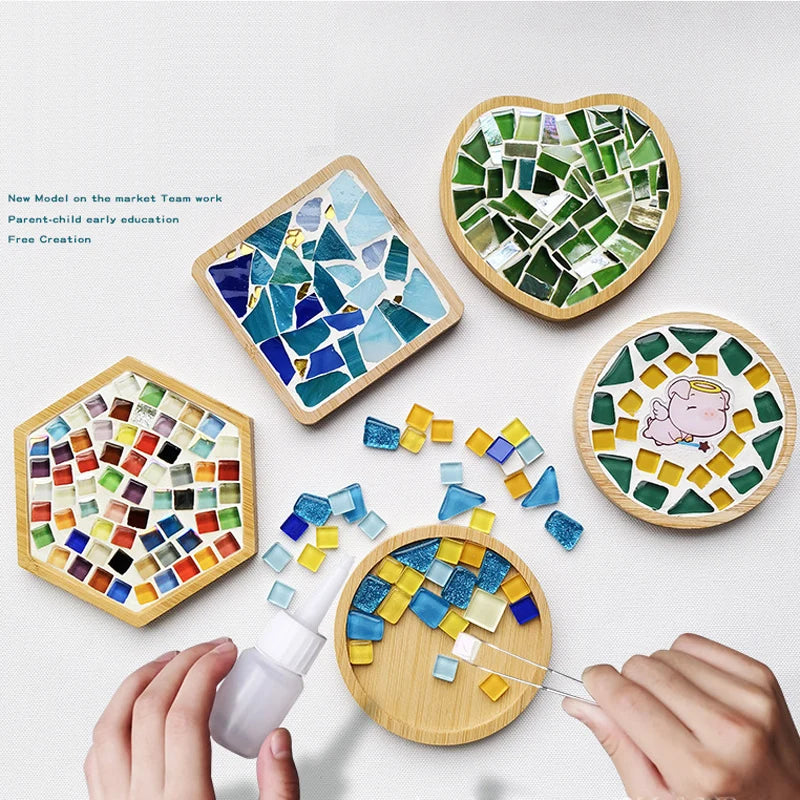 Handmade DIY Mosaic Cup Mat Bottom Bamboo Pad Heart Square Coaster Parent-Child Early Education Free Creation Handicraft Toys