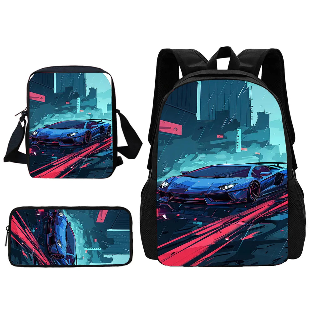 3 pcs set Luxury sports car logo JDMS Child School Backpack With Shoulder Bag Pencil Bags School Bags for Boys Girls Best Gift