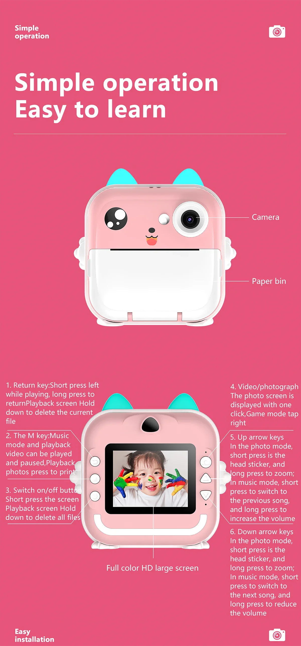 Q5 Kids Camera Instant Print Photo Children Inkless Mini Printer Digital Camera 32G TF Card Video Educational Toys Boy Girl Gift
