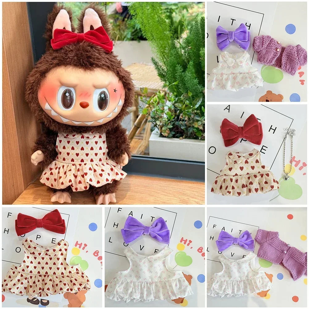 Lovely Bow Heart Flower Bud Skirt Set Decor Dress Sweater Cardigan Outfit Dolls Accessories For 17cm/38cm Labubu Doll Clothes