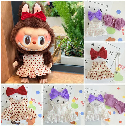 Lovely Bow Heart Flower Bud Skirt Set Decor Dress Sweater Cardigan Outfit Dolls Accessories For 17cm/38cm Labubu Doll Clothes