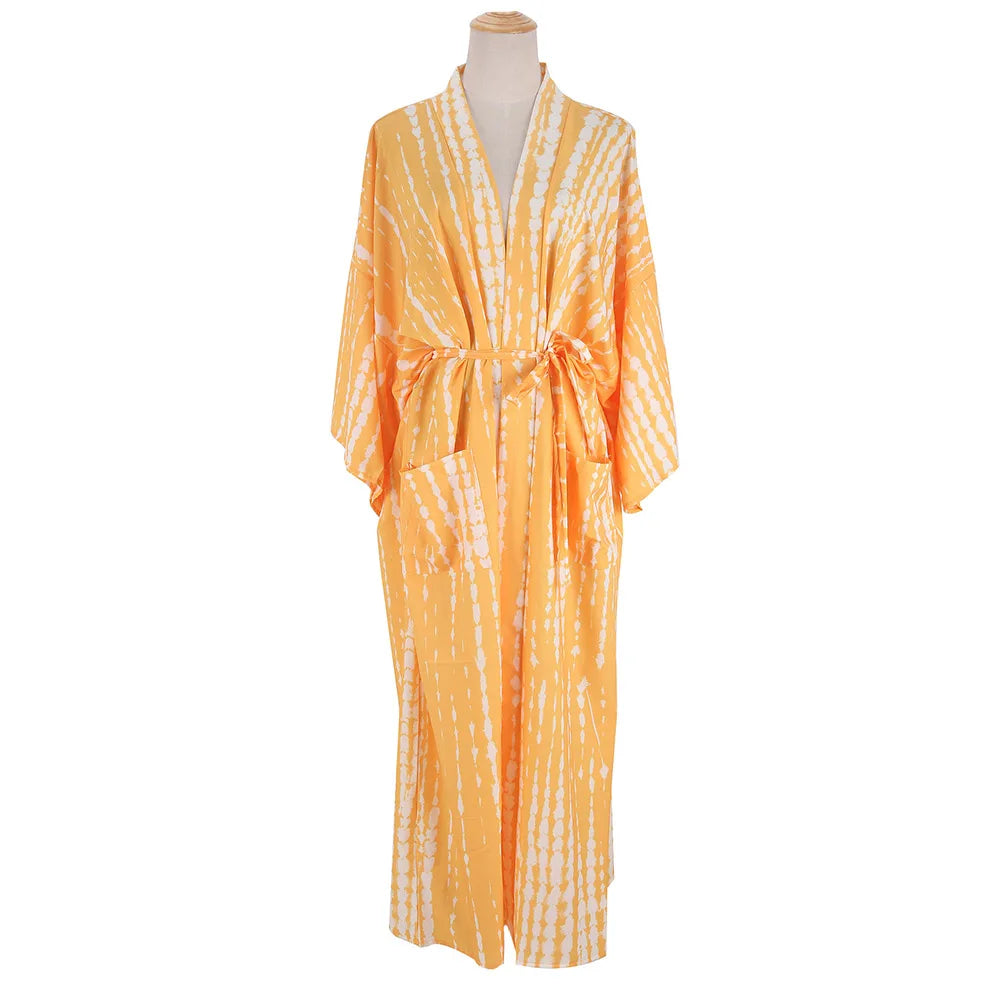 2023 Women Swimsuit Pareo Beachwear Boho Striped Print with Belt Short Sleeve Tunic Cardigan Summer Sexy Kimono Bikini Cover Up