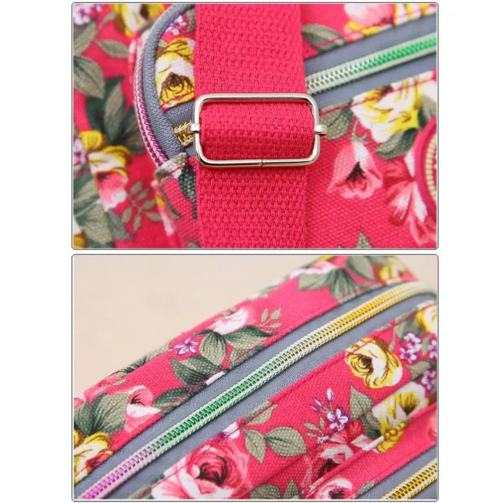 Casual Backpack Messenger Nylon Canvas Cloth Bag Shoulder Multi Layered Floral Print Mother Handbag Women's Crossbody Bag