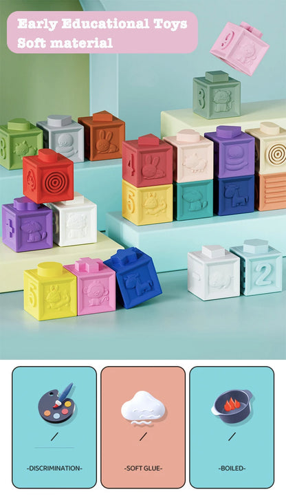 Baby Soft Rubber Cube Puzzle Montessori Toddlers Touch Early Education Squeeze Stacker Relief Gifts Kids Children Bath Toys