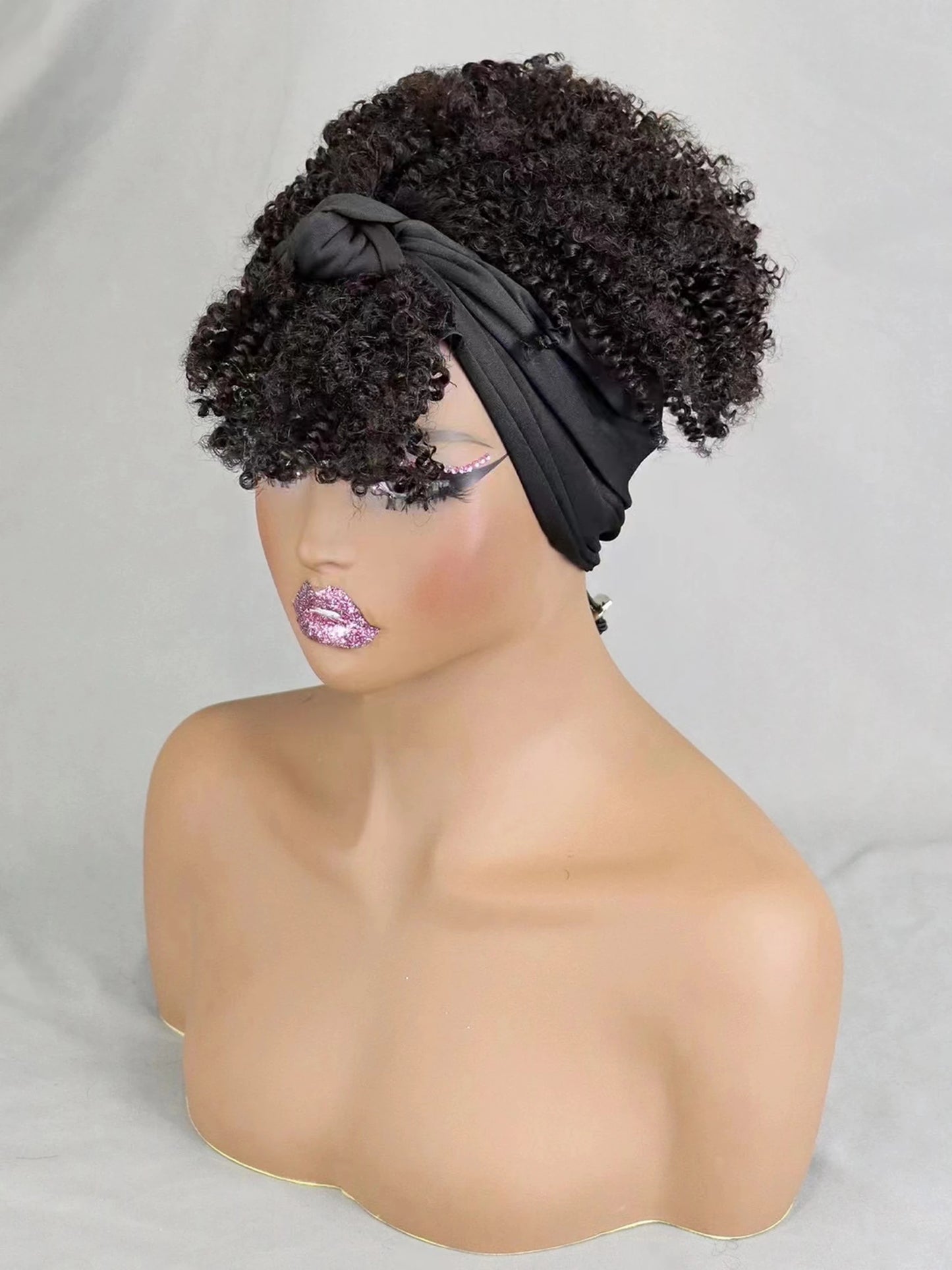 200% Density 1BT30 Afro Kinky Curly Scarf Wig with Bangs Machine Made Wig Curly 100% Human Hair Wig Preplucked for Black Women