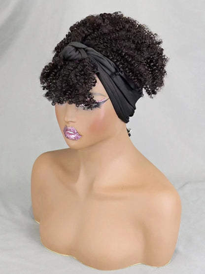 200% Density 1BT30 Afro Kinky Curly Scarf Wig with Bangs Machine Made Wig Curly 100% Human Hair Wig Preplucked for Black Women